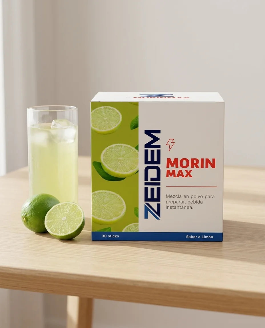 Morinmax preparado junto a su caja y limones