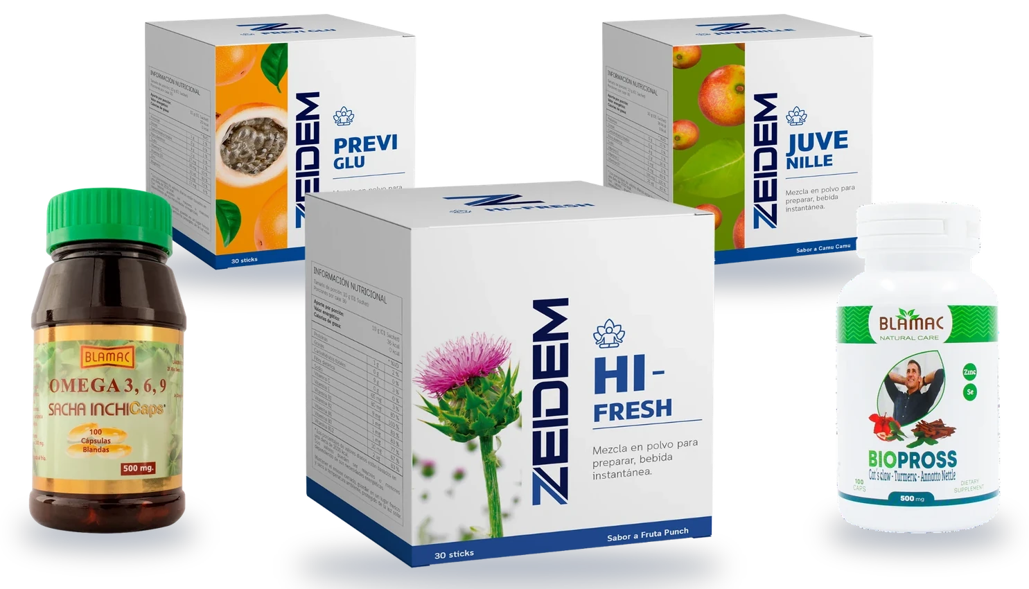Hi Fresh, Omega 3, 6, 9, Previ Glu, Juvenille y Biopross de Zeidem
